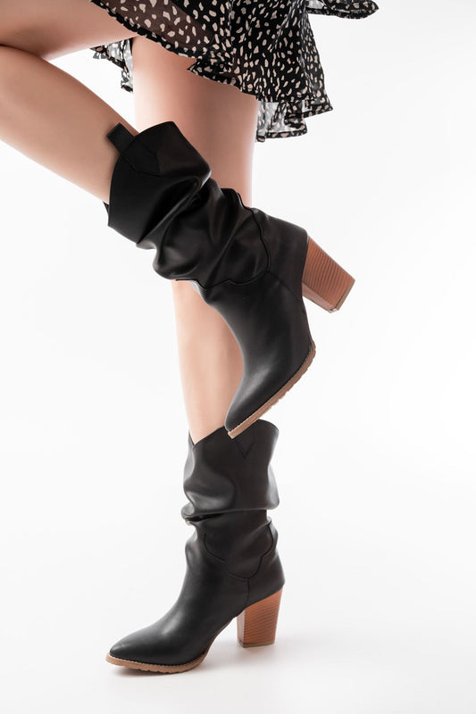 LS-1860 Siyah Körüklü Kalın Topuklu Günlük Kadın Bot - Siyah