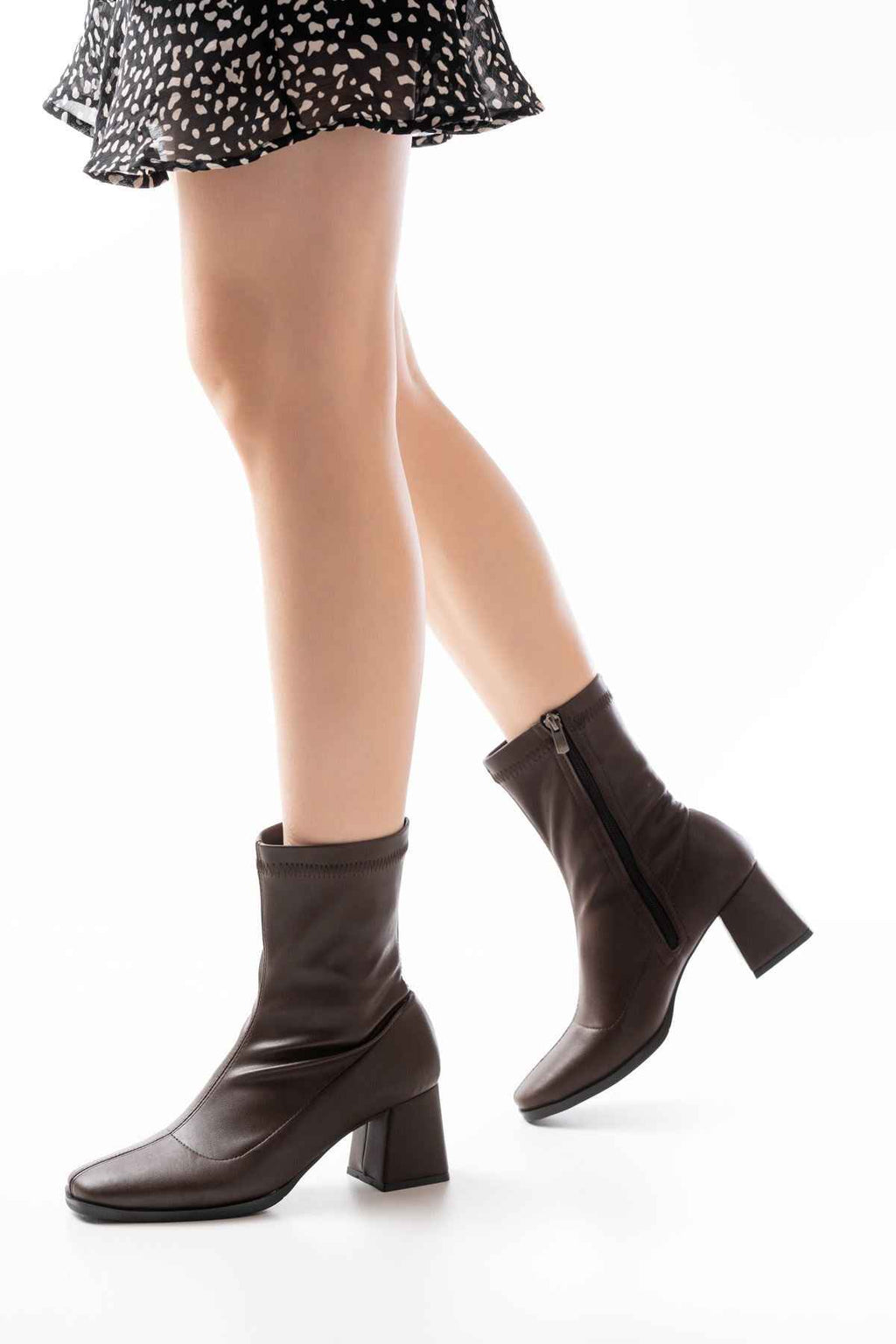 Ayakkabı Aşkı Msk-033 Streç Kahve Topuklu Fermuarlı Kadın Bot