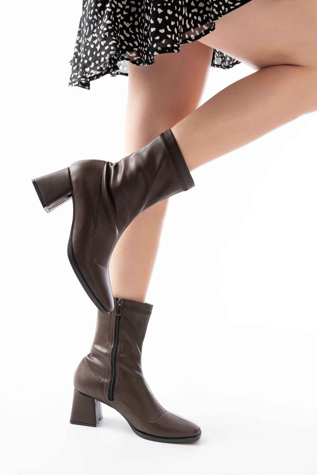 Ayakkabı Aşkı Msk-033 Streç Kahve Topuklu Fermuarlı Kadın Bot