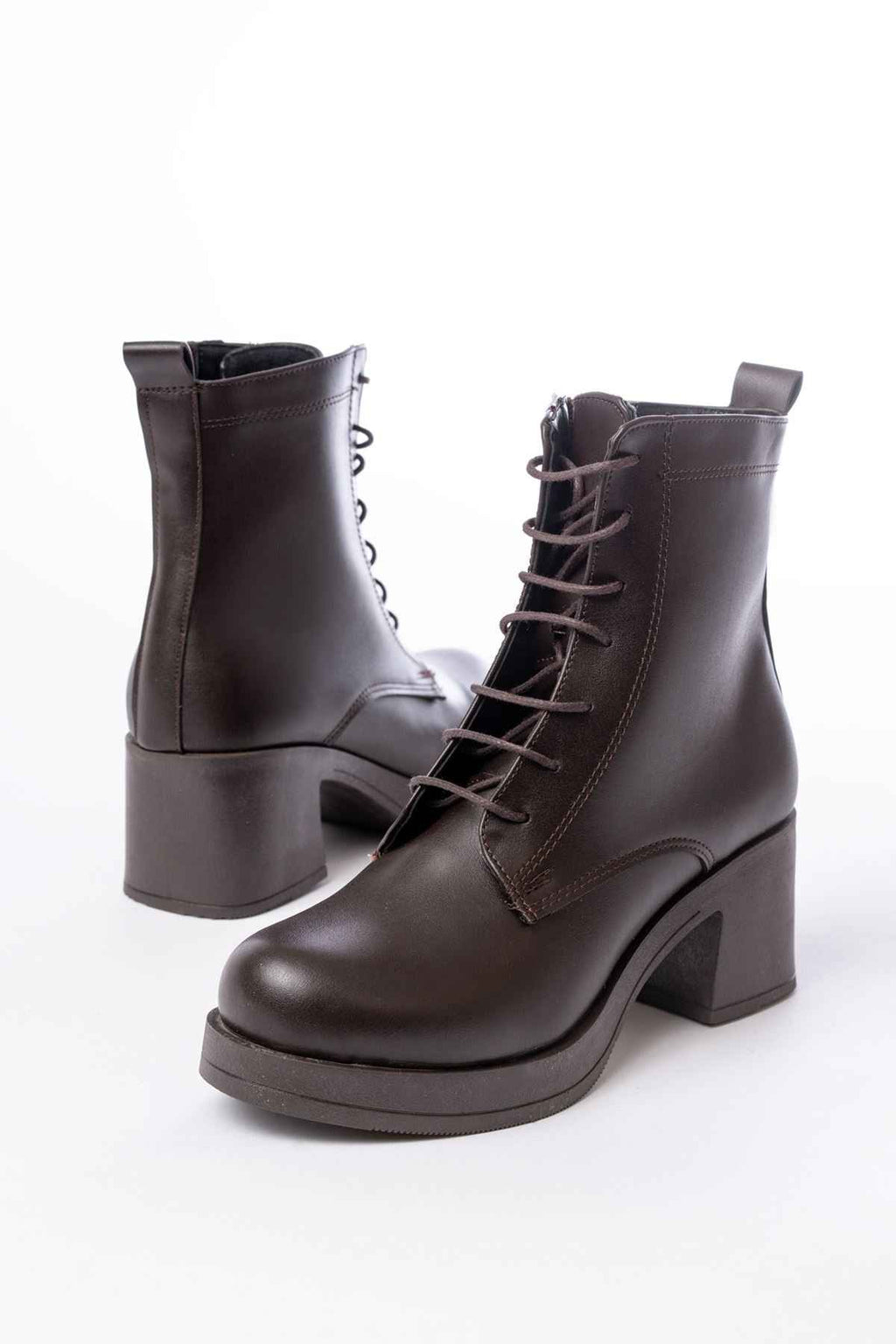 Ayakkabı Aşkı 5109-3025 Kahverengi Bağcıklı Fermuarlı Kalın Topuklu Günlük Kadın Bot