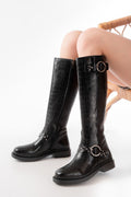Ayakkabı Aşkı Siyah Kroko Toka Aksesuarlı Lastikli Fermuarlı Günlük Kadın Çizme - Ayakkabı Aşkı