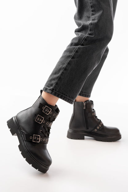 Ayakkabı Aşkı Siyah Toka Aksesuarlı Fermuarlı Günlük Kadın Bot