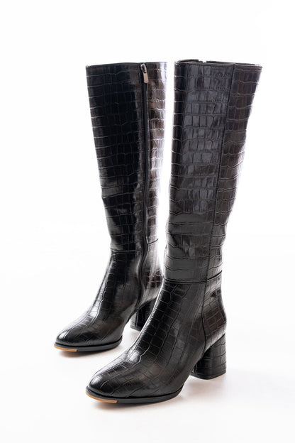 Ayakkabı Aşkı Siyah Kroko Topuklu Fermuarlı Günlük Kadın Çizme