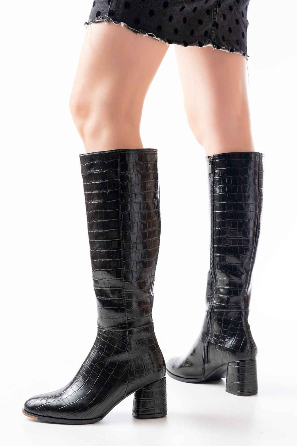 Ayakkabı Aşkı Rs-2432 Siyah Kroko Topuklu Fermuarlı Günlük Kadın Çizme