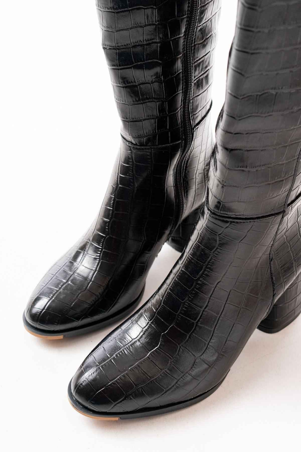 Ayakkabı Aşkı Rs-2432 Siyah Kroko Topuklu Fermuarlı Günlük Kadın Çizme