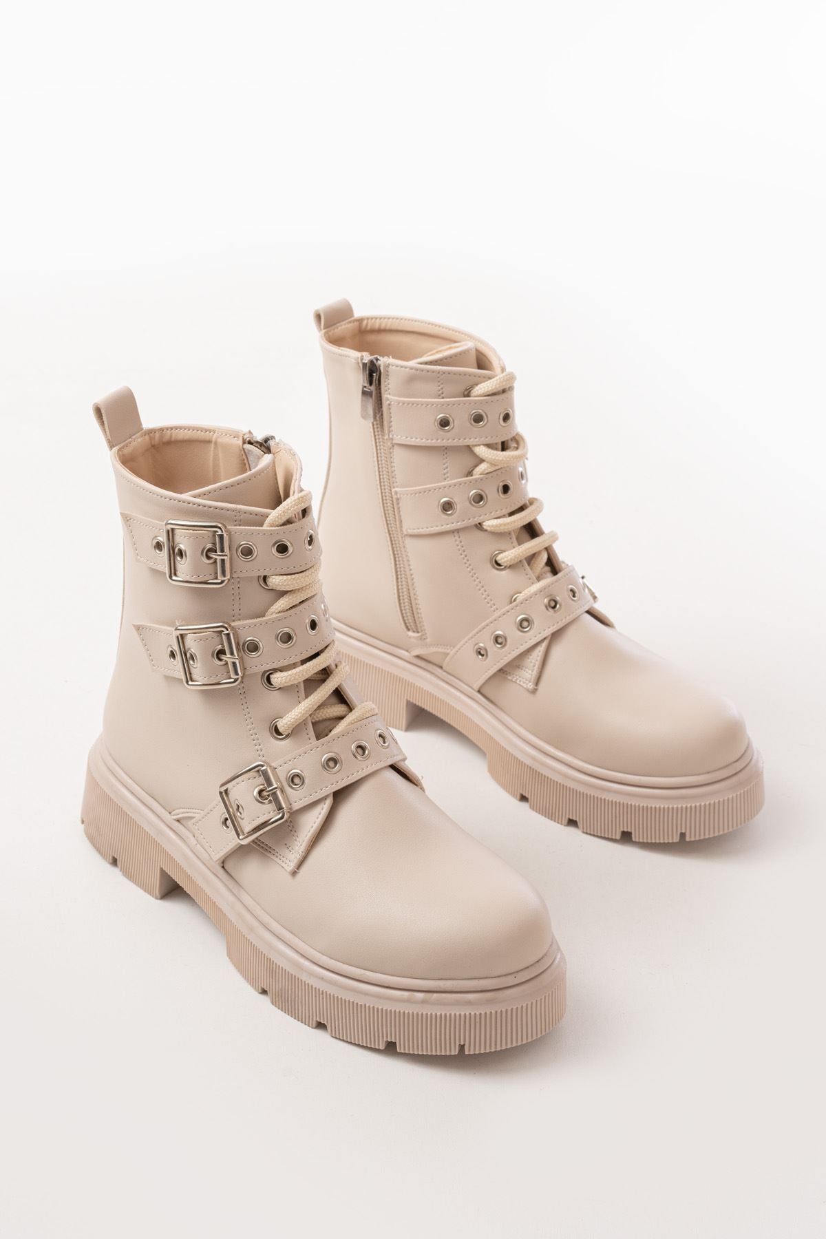 Ayakkabı Aşkı Bej Toka Aksesuarlı Fermuarlı Günlük Kadın Bot - Ayakkabı Aşkı