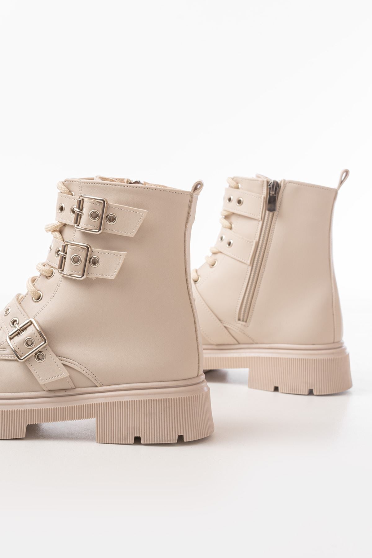 Ayakkabı Aşkı Bej Toka Aksesuarlı Fermuarlı Günlük Kadın Bot - Ayakkabı Aşkı