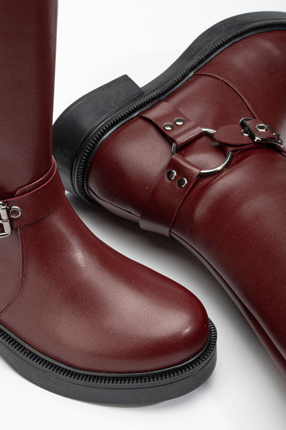 Ayakkabı Aşkı Bordo Toka Aksesuarlı Fermuarlı Günlük Kadın Çizme