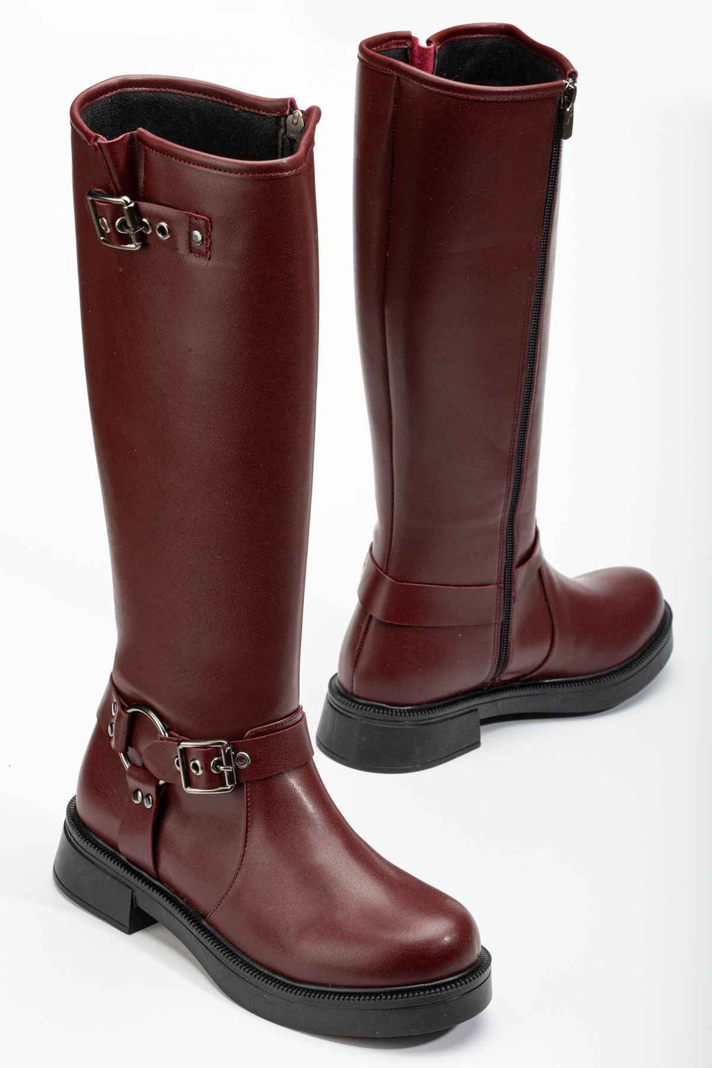 Ayakkabı Aşkı 02-312 Bordo Toka Aksesuarlı Fermuarlı Günlük Kadın Çizme