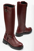 Ayakkabı Aşkı 02-312 Bordo Toka Aksesuarlı Fermuarlı Günlük Kadın Çizme