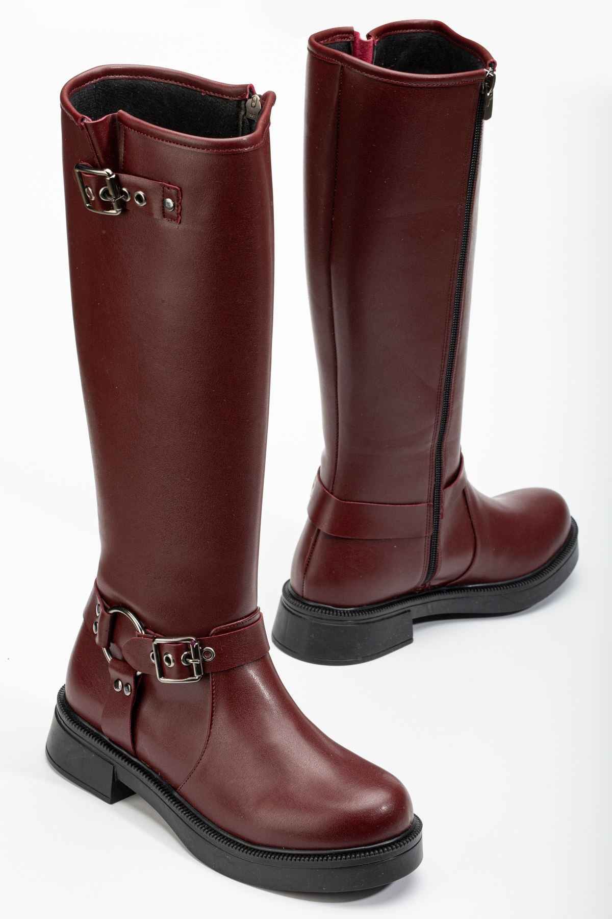 Ayakkabı Aşkı 02-312 Bordo Toka Aksesuarlı Fermuarlı Günlük Kadın Çizme