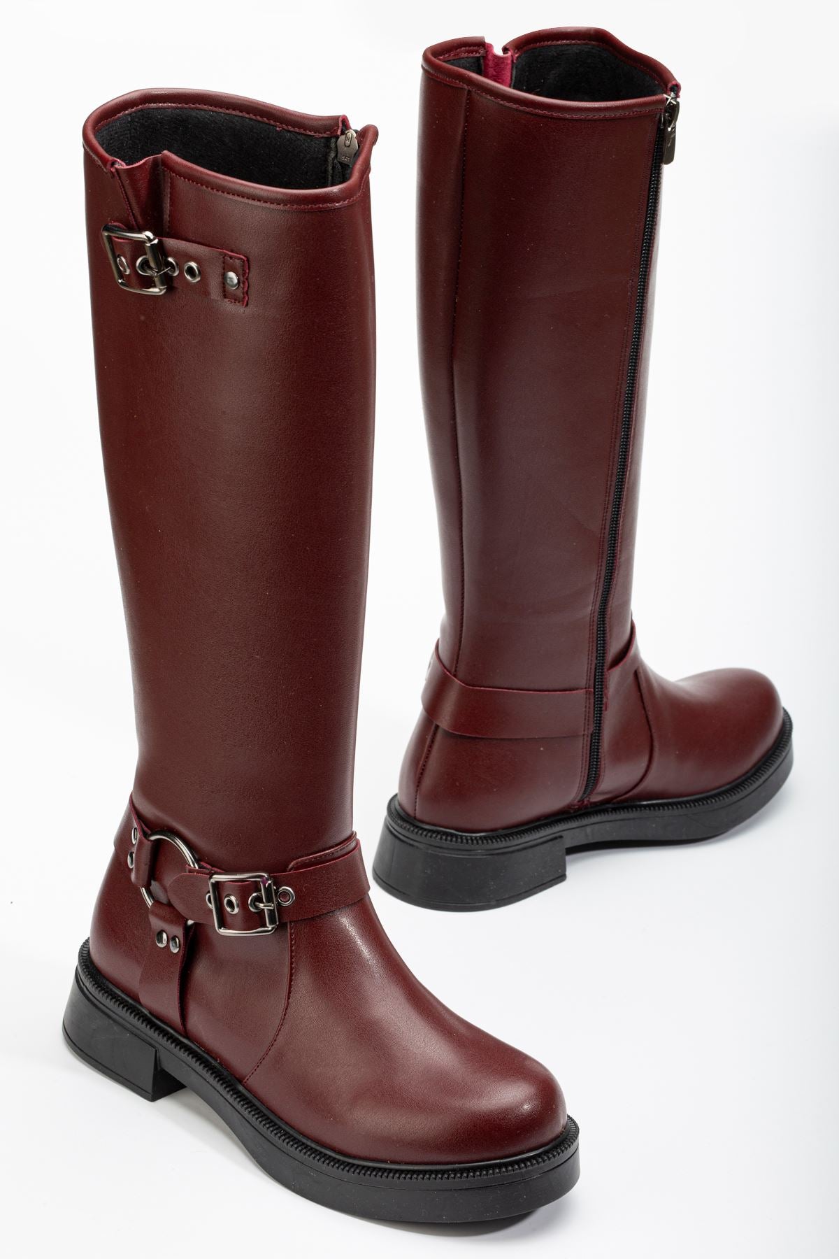 02-312 Bordo Toka Aksesuarlı Fermuarlı Günlük Kadın Çizme - Bordo