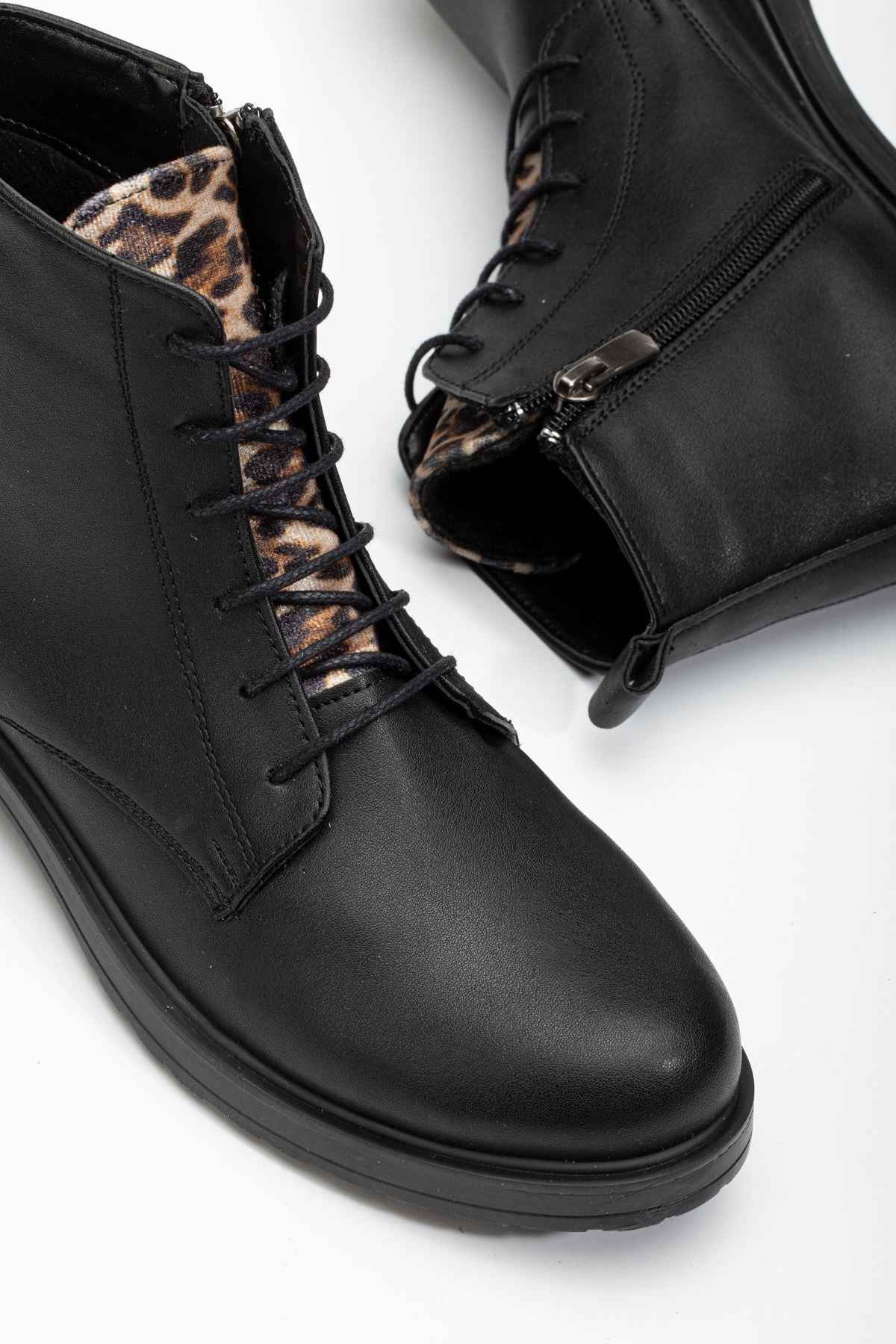 Ayakkabı Aşkı 165-225 Siyaha Leopar Bağcıklı Fermuarlı Günlük Kadın Bot