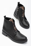 Ayakkabı Aşkı Siyaha Leopar Bağcıklı Fermuarlı Günlük Kadın Bot - Ayakkabı Aşkı