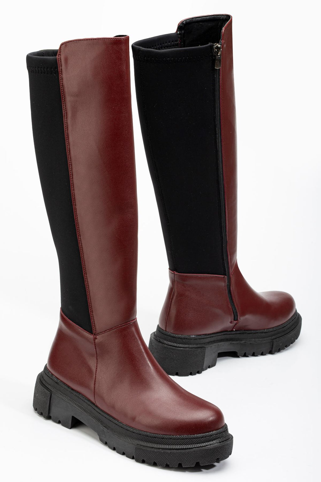 Ayakkabı Aşkı Bordo Arkası Streç Fermuarlı Günlük Kadın Çizme - Ayakkabı Aşkı