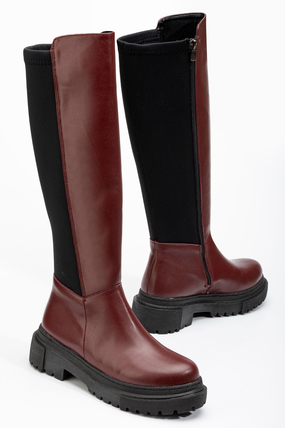 Ayakkabı Aşkı Bordo Arkası Streç Fermuarlı Günlük Kadın Çizme - Ayakkabı Aşkı