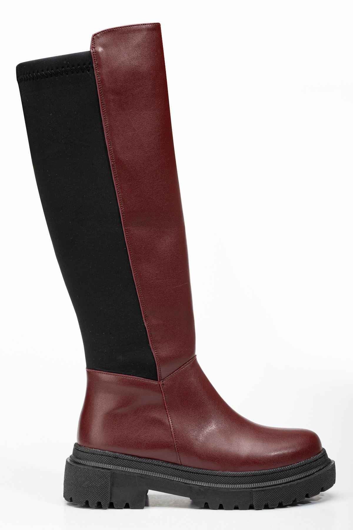 Ayakkabı Aşkı 812-305 Bordo Arkası Streç Fermuarlı Günlük Kadın Çizme
