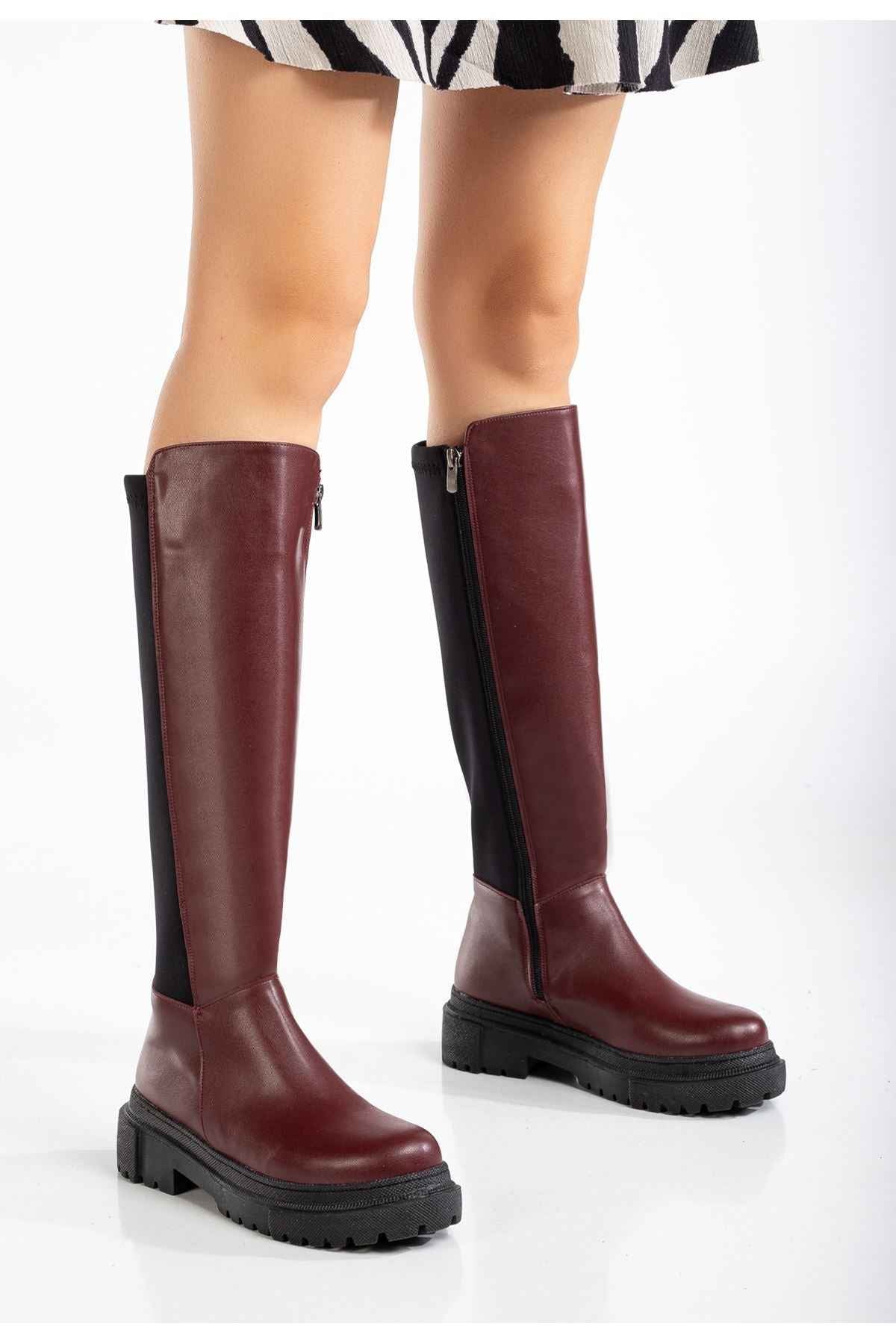 Ayakkabı Aşkı 812-305 Bordo Arkası Streç Fermuarlı Günlük Kadın Çizme
