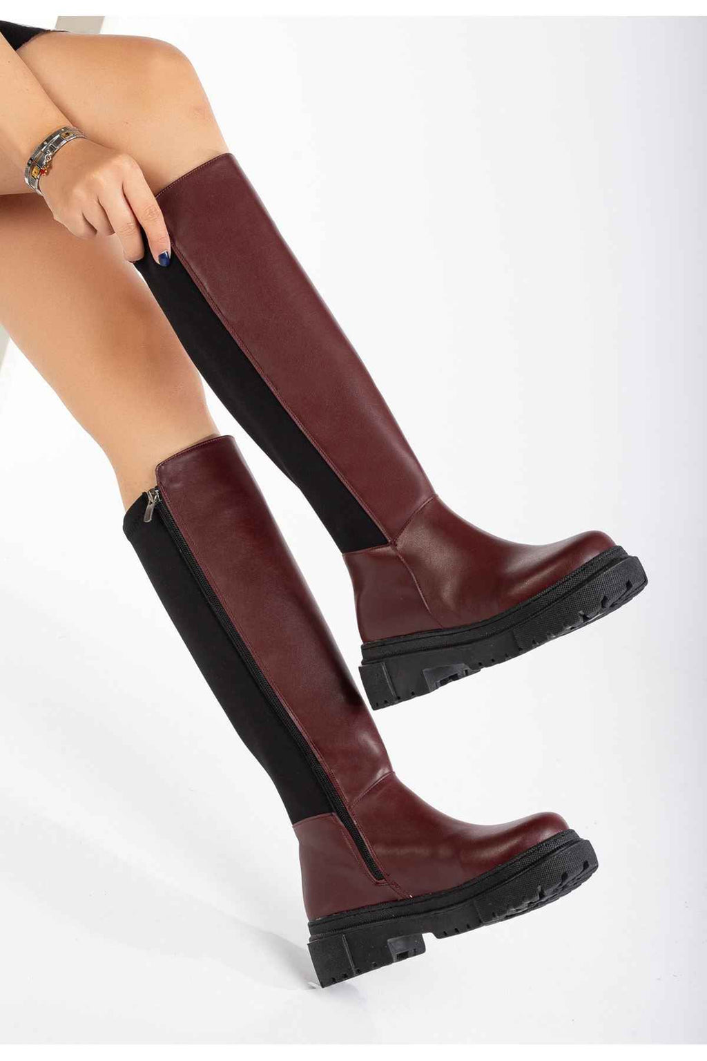 Ayakkabı Aşkı 812-305 Bordo Arkası Streç Fermuarlı Günlük Kadın Çizme