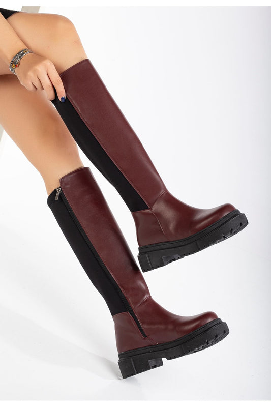 812-305 Bordo Arkası Streç Fermuarlı Günlük Kadın Çizme - Bordo