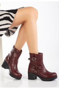 Ayakkabı Aşkı Bordo Toka Aksesuarlı Fermuarlı Kalın Topuklu Günlük Kadın Bot - Ayakkabı Aşkı