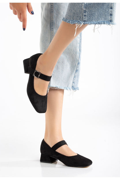 ST-006 Siyah Süet Günlük 4 cm Topuklu Bayan Ayakkabı - Siyah
