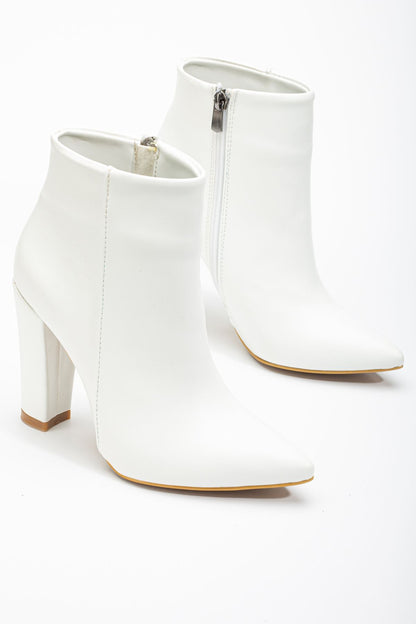 Ayakkabı Aşkı Beyaz Yüksek Kalın Topuklu Fermuarlı Kadın Bot
