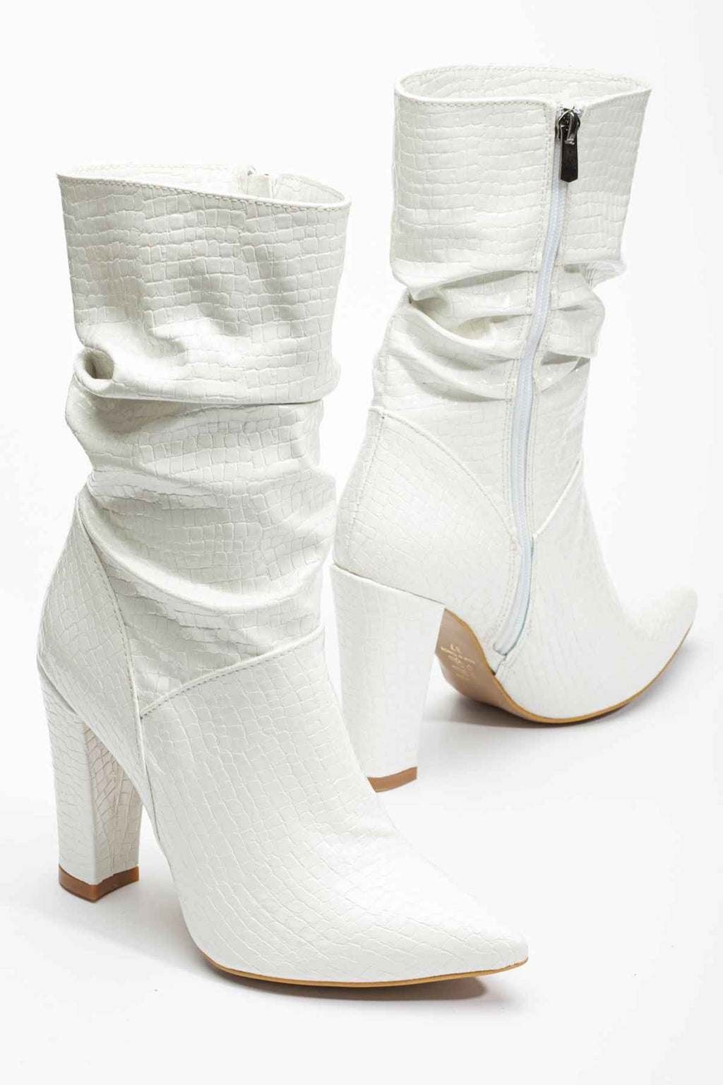 Ayakkabı Aşkı Vrt-4815 Beyaz Kroko Yüksek Kalın Topuklu Körüklü Fermuarlı Kadın Bot