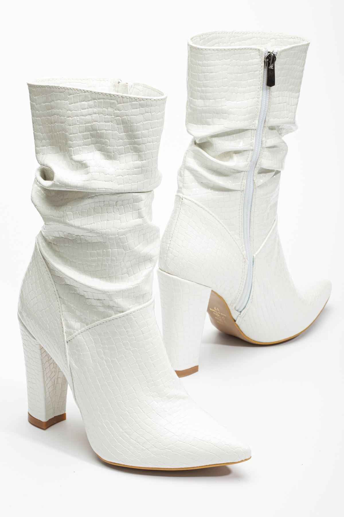 Ayakkabı Aşkı Vrt-4815 Beyaz Kroko Yüksek Kalın Topuklu Körüklü Fermuarlı Kadın Bot