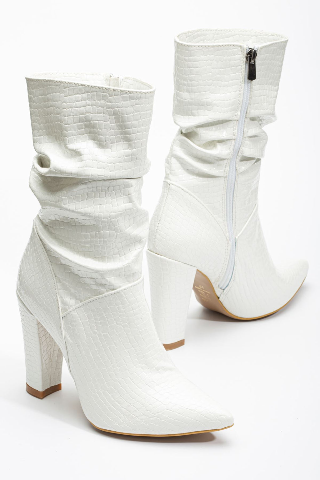 Ayakkabı Aşkı Beyaz Kroko Yüksek Kalın Topuklu Körüklü Fermuarlı Kadın Bot - Ayakkabı Aşkı