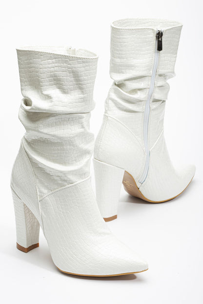 Ayakkabı Aşkı Beyaz Kroko Yüksek Kalın Topuklu Körüklü Fermuarlı Kadın Bot