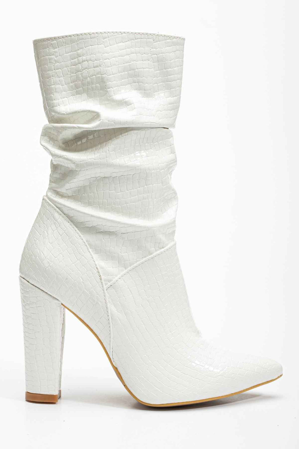Ayakkabı Aşkı Vrt-4815 Beyaz Kroko Yüksek Kalın Topuklu Körüklü Fermuarlı Kadın Bot