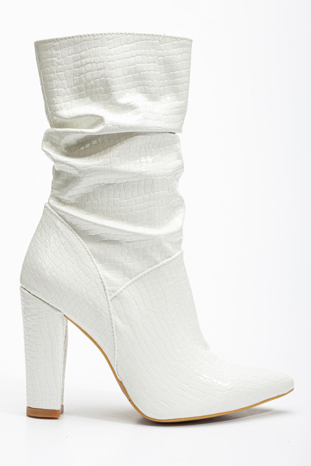 Ayakkabı Aşkı Beyaz Kroko Yüksek Kalın Topuklu Körüklü Fermuarlı Kadın Bot - Ayakkabı Aşkı