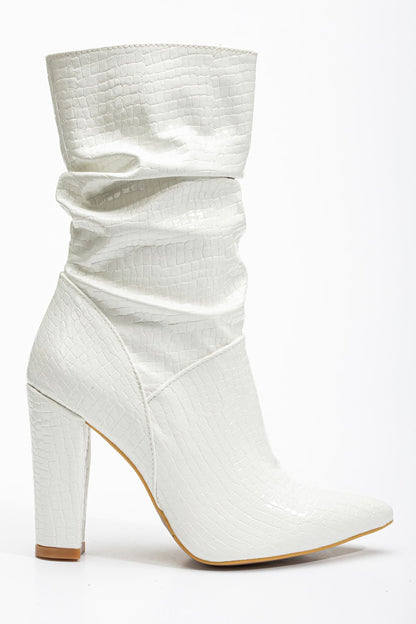 Ayakkabı Aşkı Beyaz Kroko Yüksek Kalın Topuklu Körüklü Fermuarlı Kadın Bot