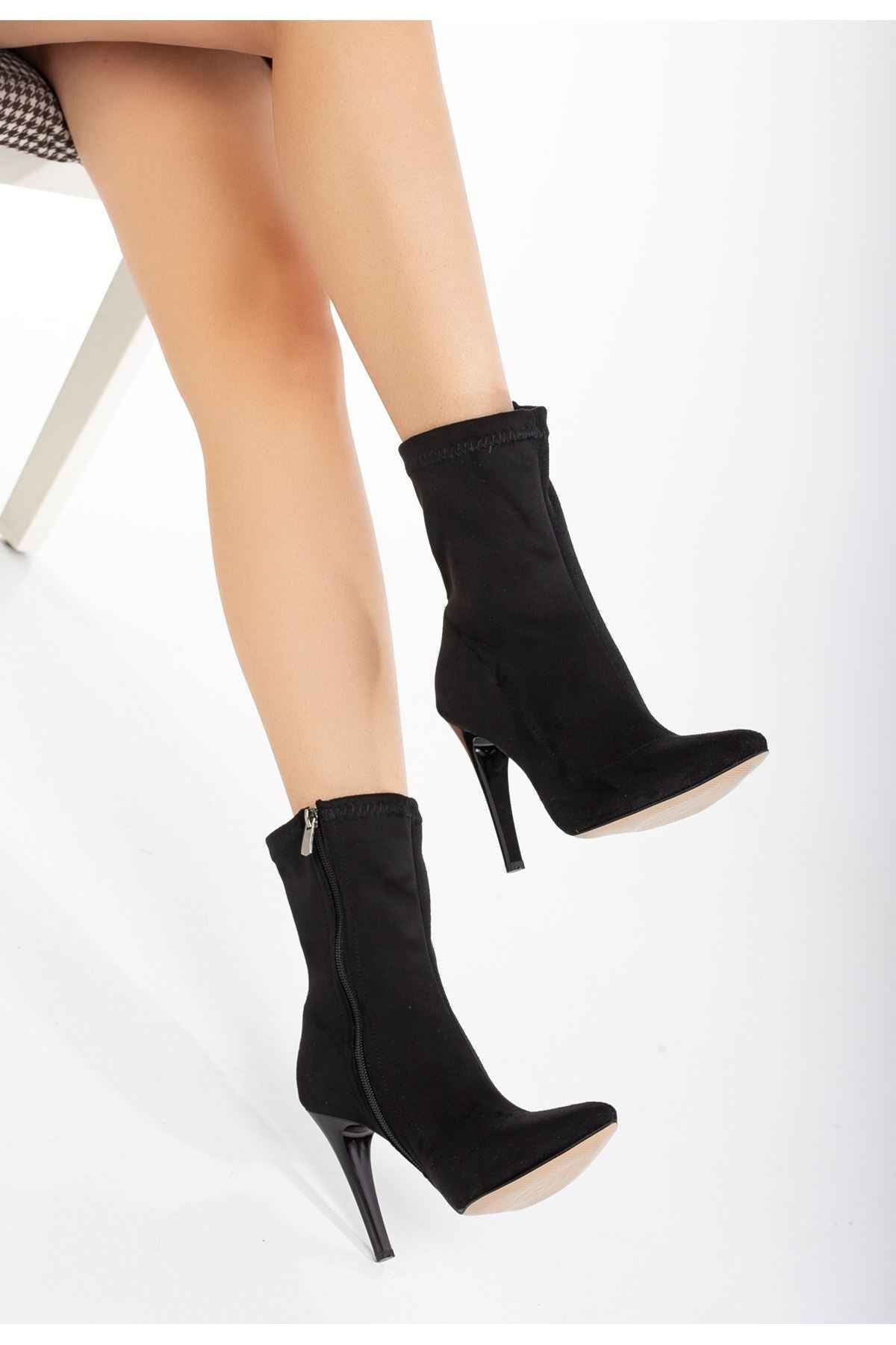 Ayakkabı Aşkı Vrt-4811 Siyah Süet Yüksek Ince Topuklu Fermuarlı Kadın Bot