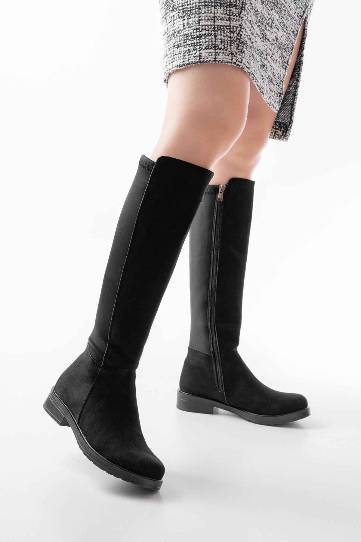 Ayakkabı Aşkı 165-305 Siyah Süet Arka Streç Fermuarlı Günlük Kadın Çizme