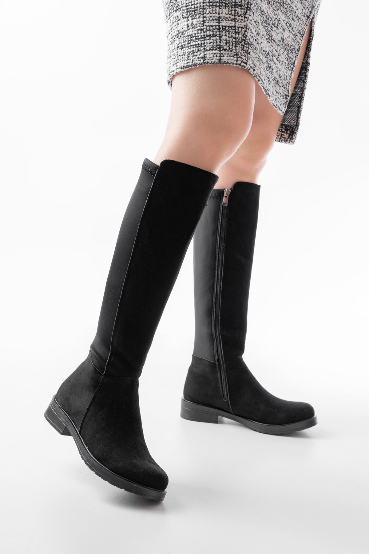 165-305 Siyah Süet Arka Streç Fermuarlı Günlük Kadın Çizme - Siyah