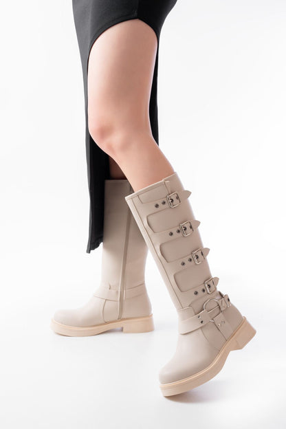 02-346 Bej Düz Topuklu Günlük Bayan Binici Çizme - Bej