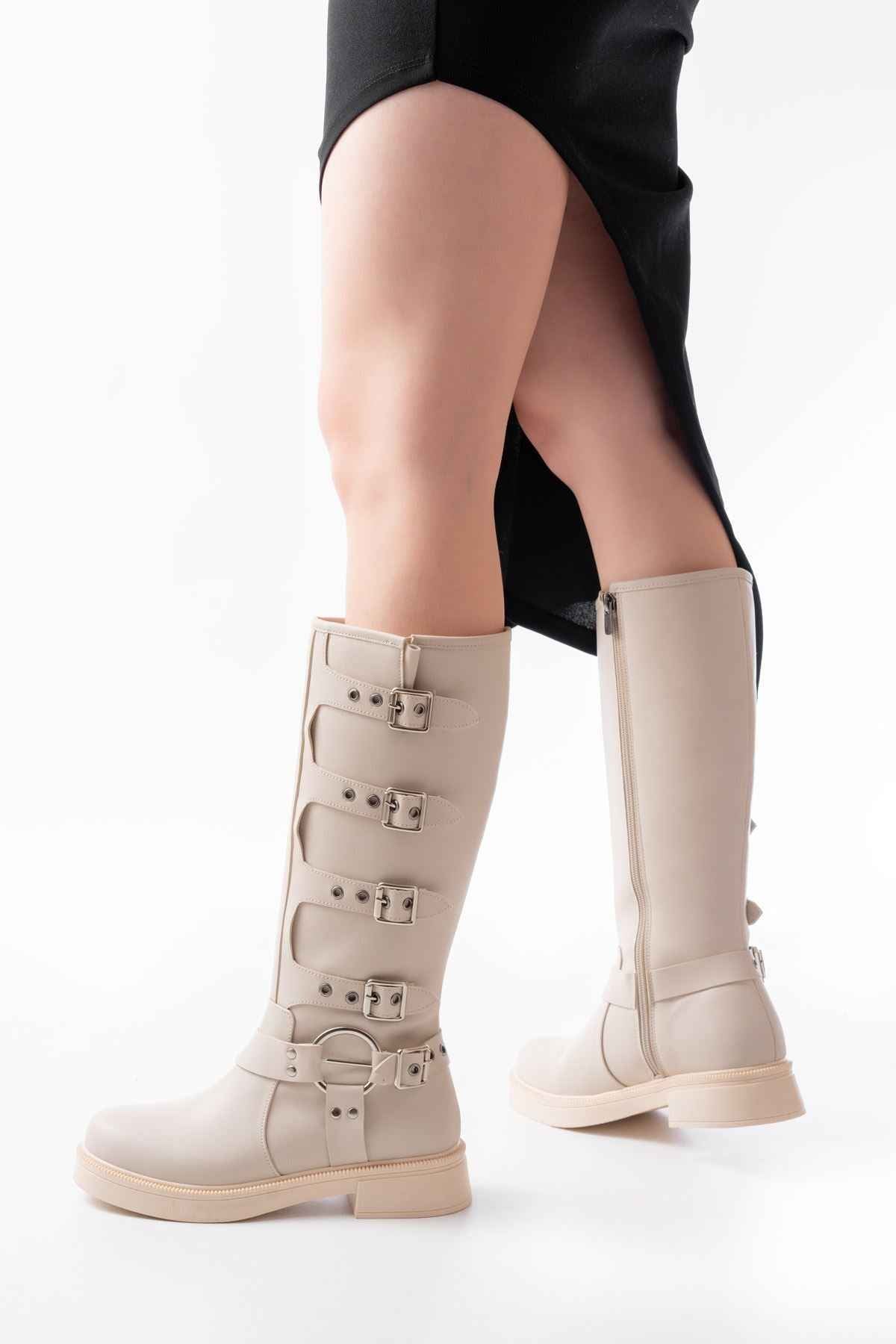 Ayakkabı Aşkı 02-346 Bej Düz Topuklu Günlük Bayan Binici Çizme