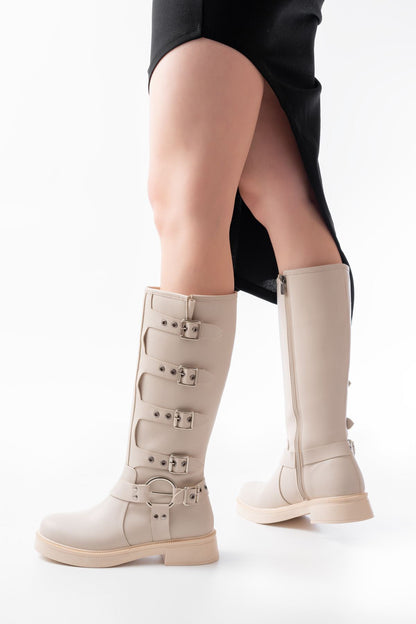 Ayakkabı Aşkı Bej Düz Topuklu Günlük Bayan Binici Çizme