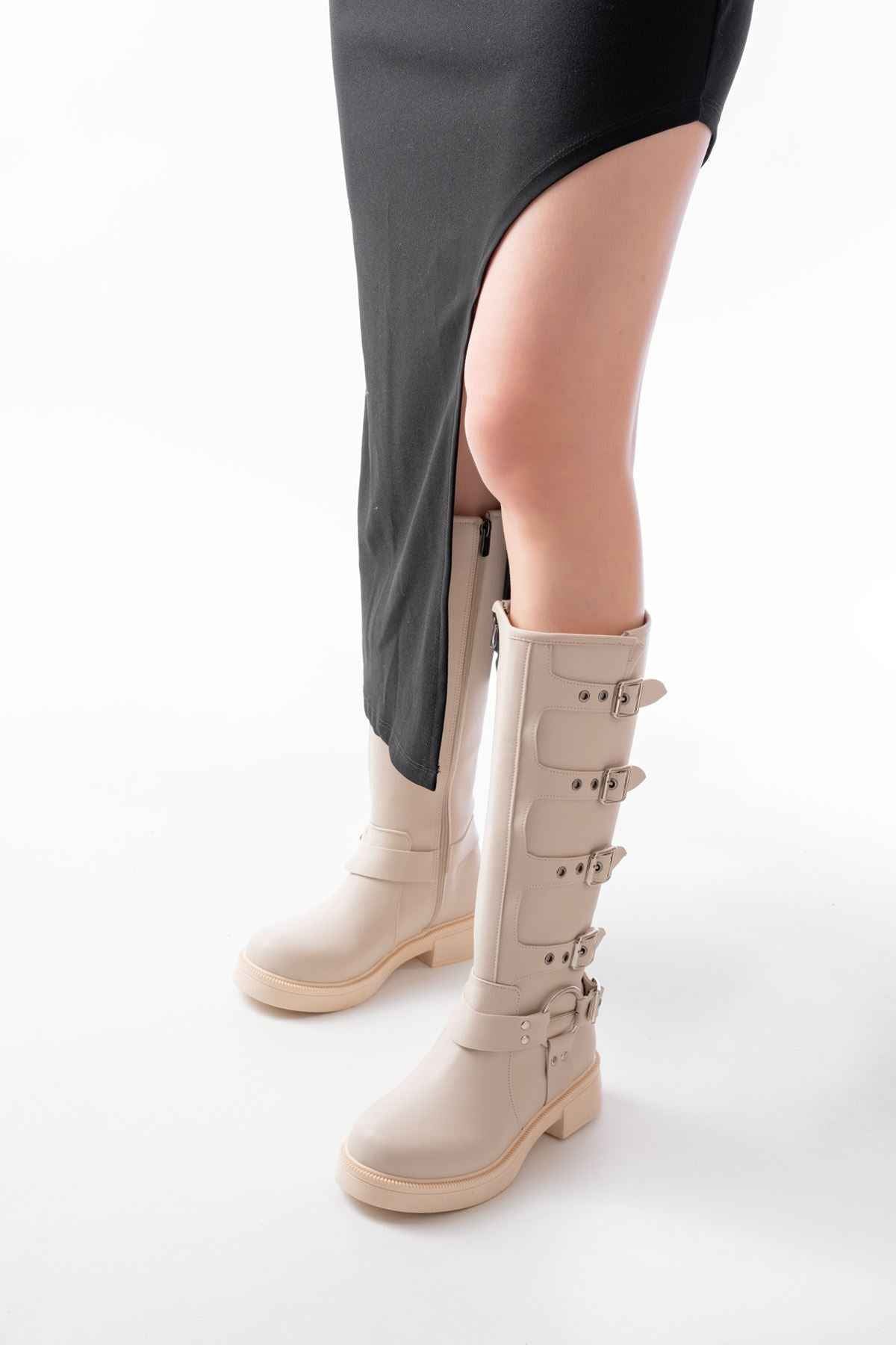 Ayakkabı Aşkı 02-346 Bej Düz Topuklu Günlük Bayan Binici Çizme