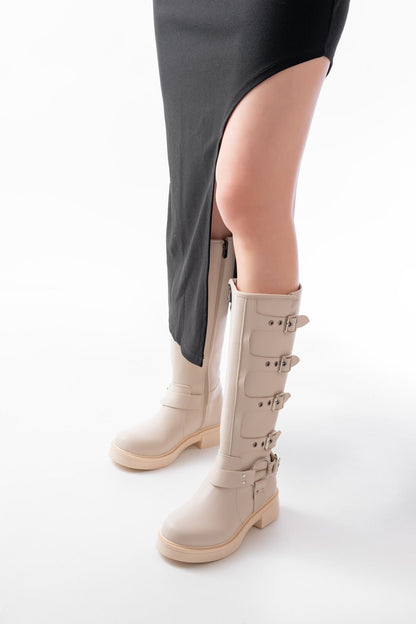Ayakkabı Aşkı Bej Düz Topuklu Günlük Bayan Binici Çizme