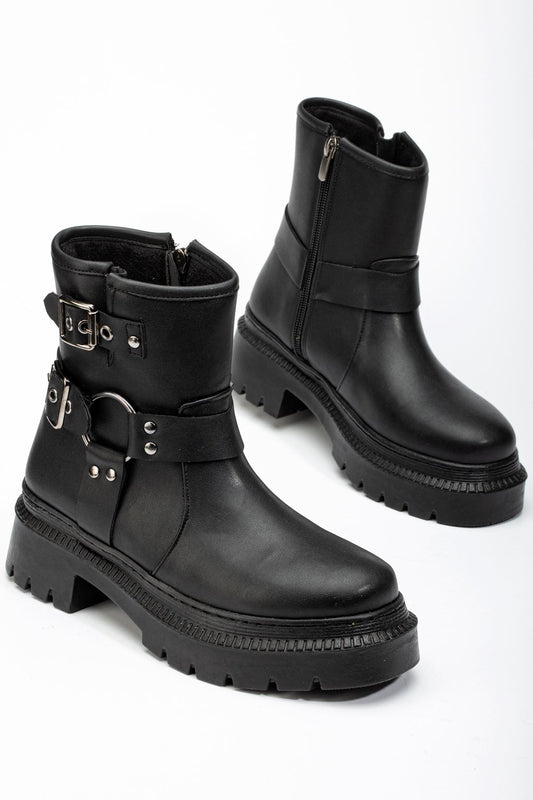 Ayakkabı Aşkı Siyah Toka Aksesuarlı Fermuarlı Günlük Kadın Bot