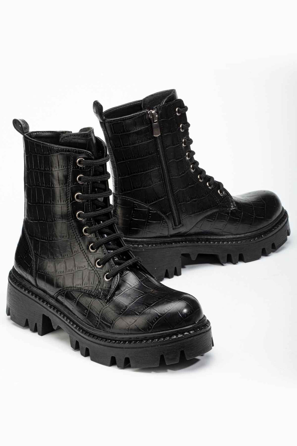 Ayakkabı Aşkı 868-2289 Siyah Kroko Bağcıklı Fermuarlı Günlük Kadın Bot