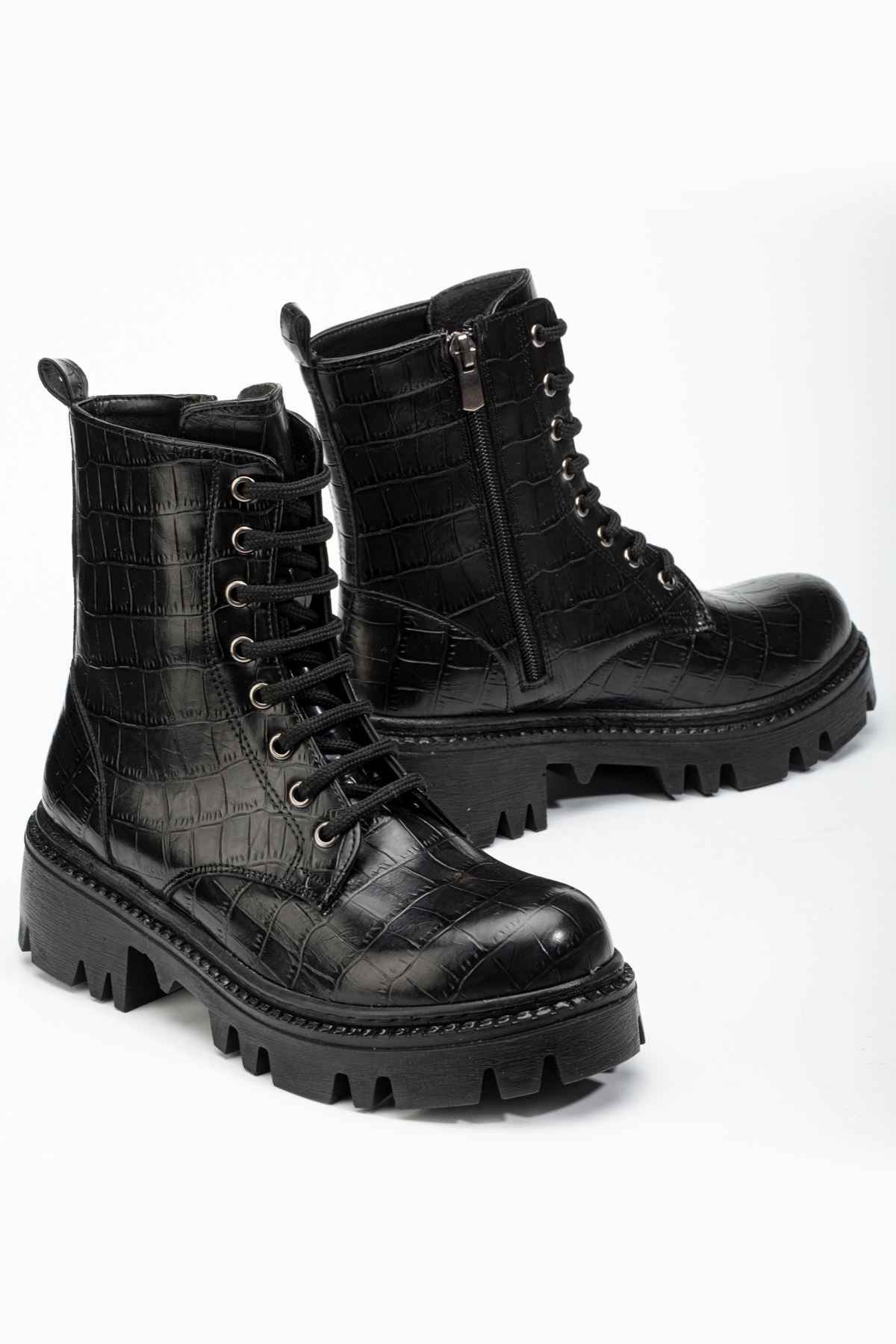 Ayakkabı Aşkı 868-2289 Siyah Kroko Bağcıklı Fermuarlı Günlük Kadın Bot