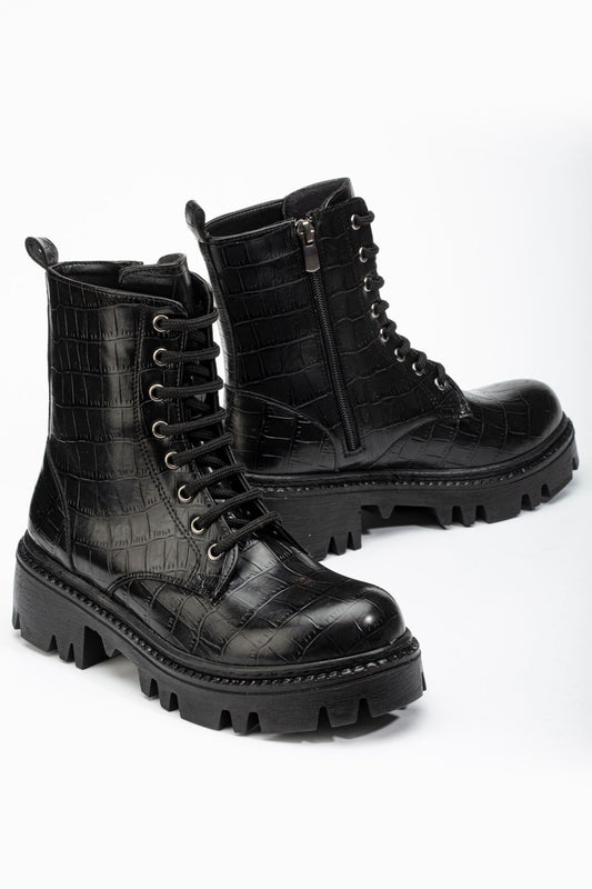 868-2289 Siyah Kroko Bağcıklı Fermuarlı Günlük Kadın Bot - Siyah