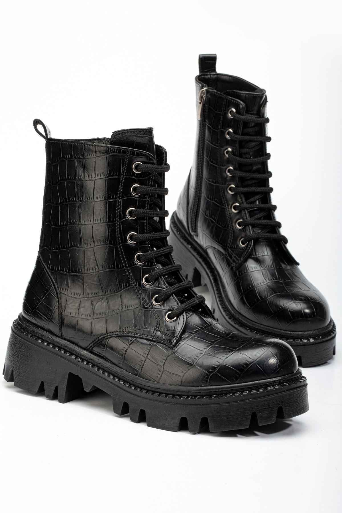 Ayakkabı Aşkı 868-2289 Siyah Kroko Bağcıklı Fermuarlı Günlük Kadın Bot