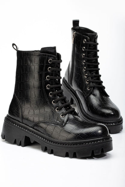 Ayakkabı Aşkı Siyah Kroko Bağcıklı Fermuarlı Günlük Kadın Bot