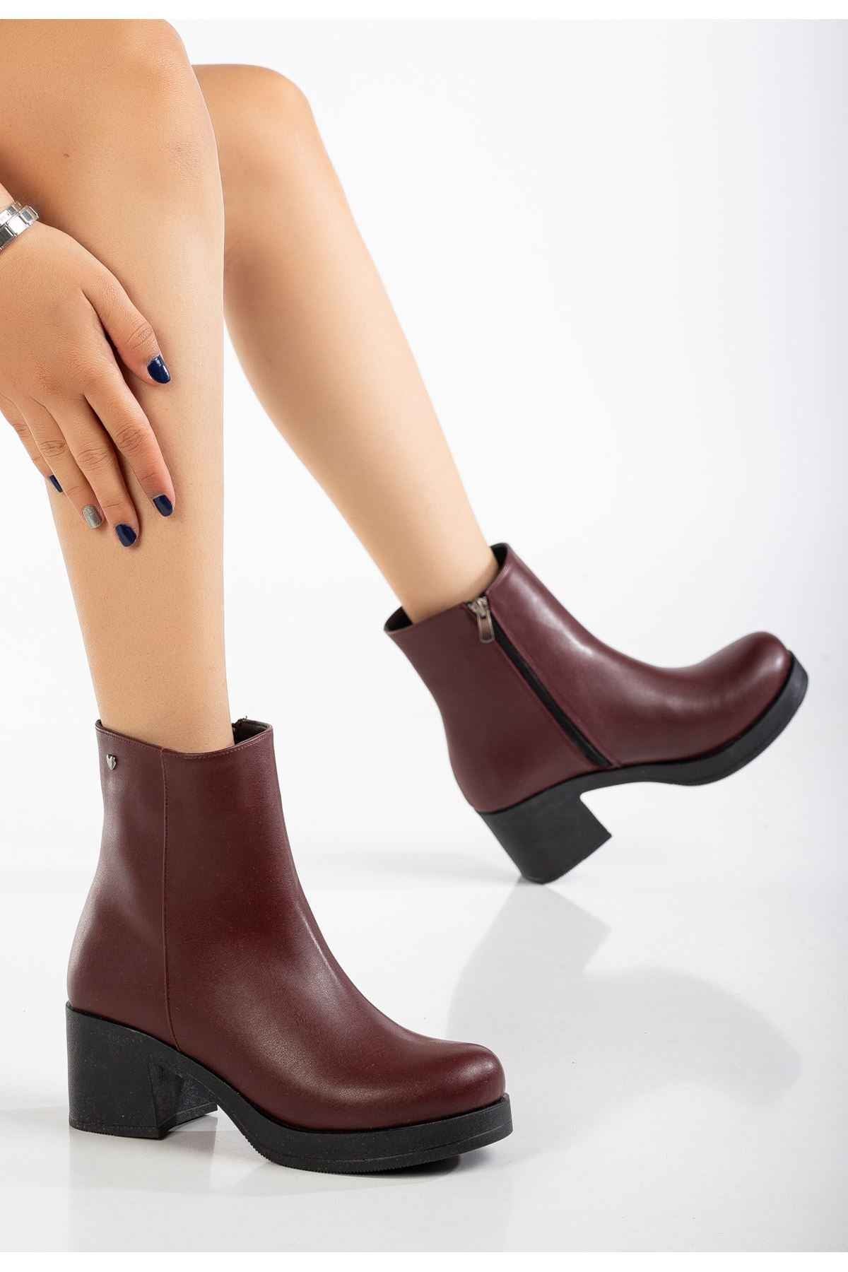 Ayakkabı Aşkı 5109-3022 Bordo Fermuarlı Kalın Topuklu Günlük Kadın Bot