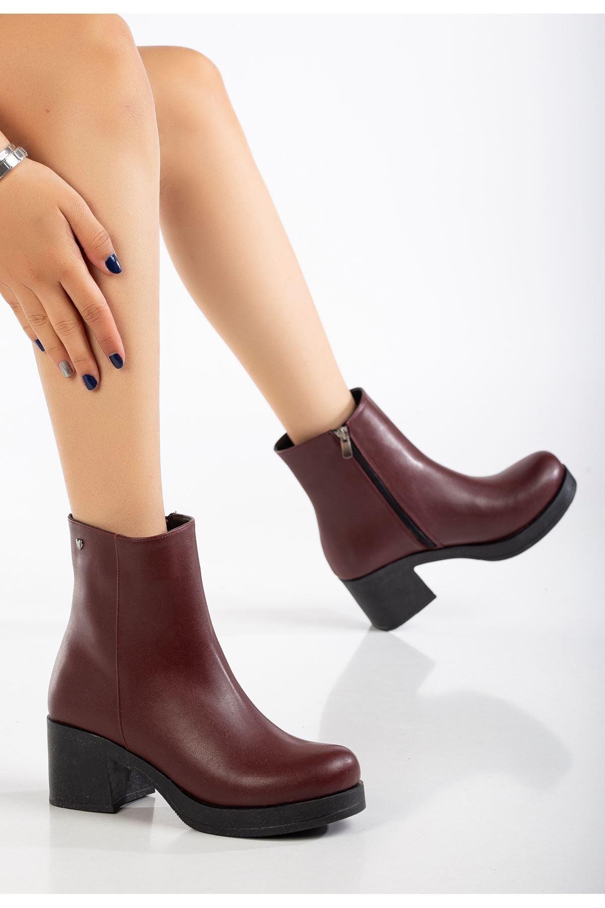 Ayakkabı Aşkı Bordo Fermuarlı Kalın Topuklu Günlük Kadın Bot - Ayakkabı Aşkı